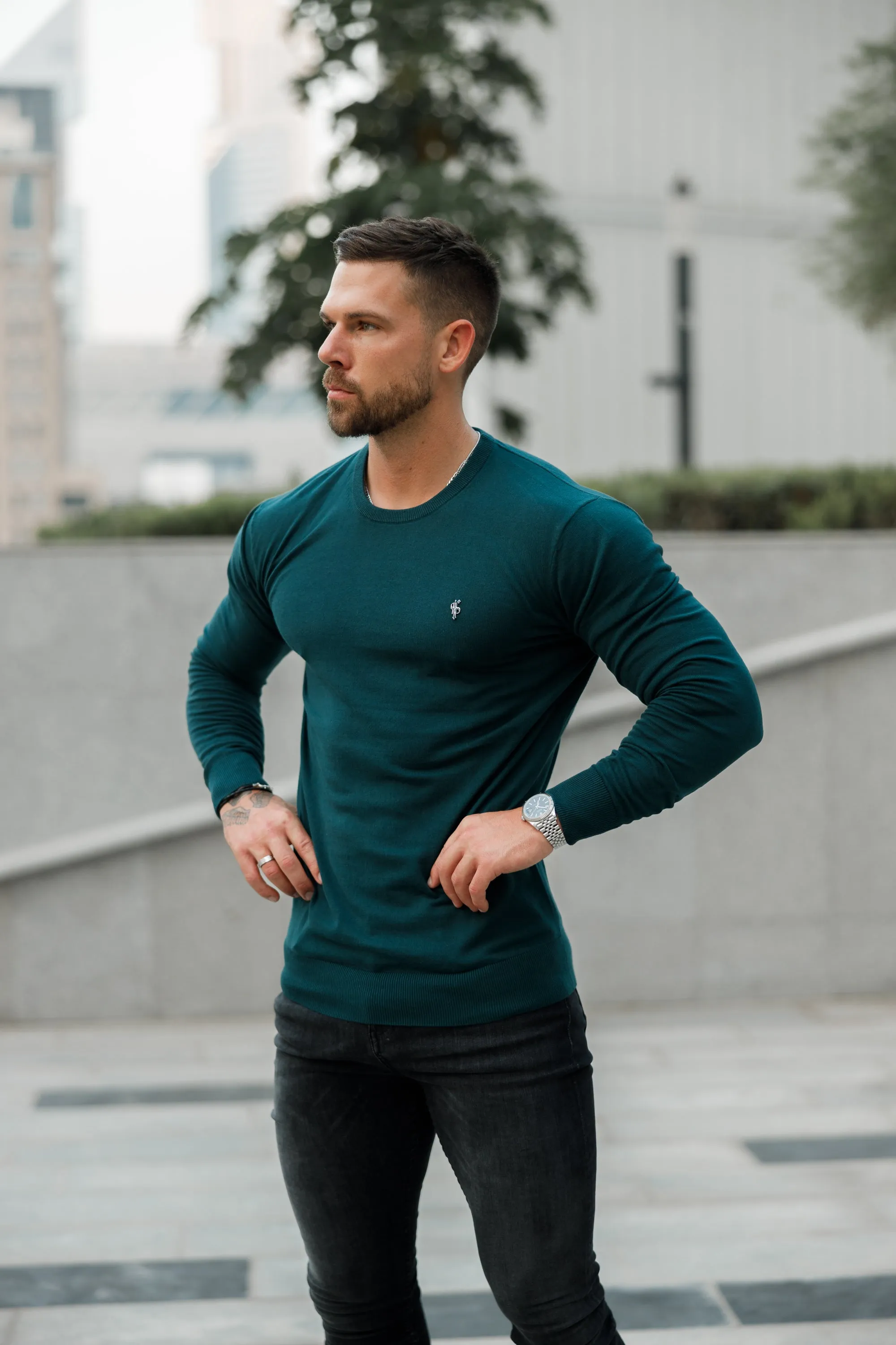 Father Sons Classic Forest Green Light Weight Knitted Crew Neck with Metal Decal - FSN095