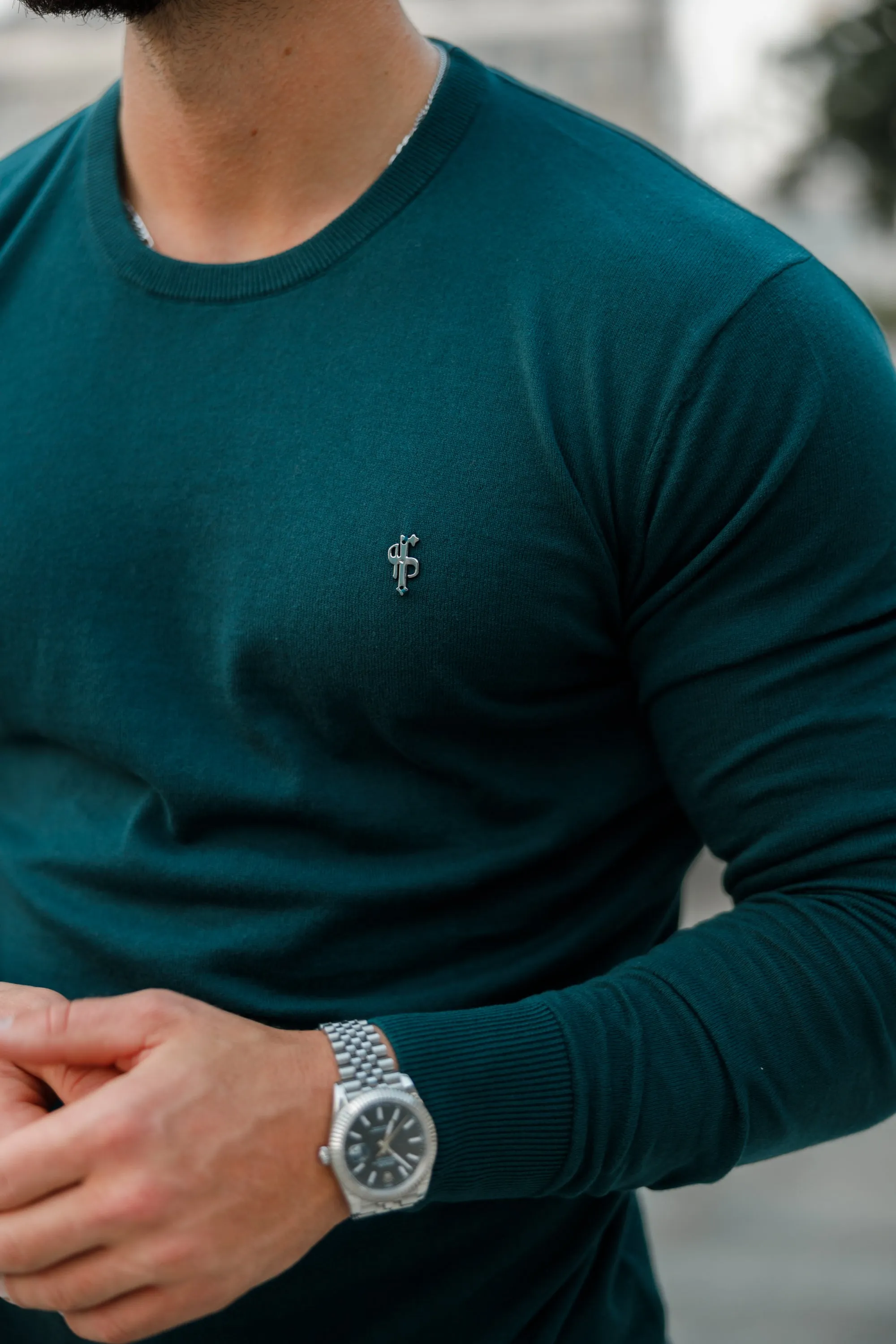 Father Sons Classic Forest Green Light Weight Knitted Crew Neck with Metal Decal - FSN095