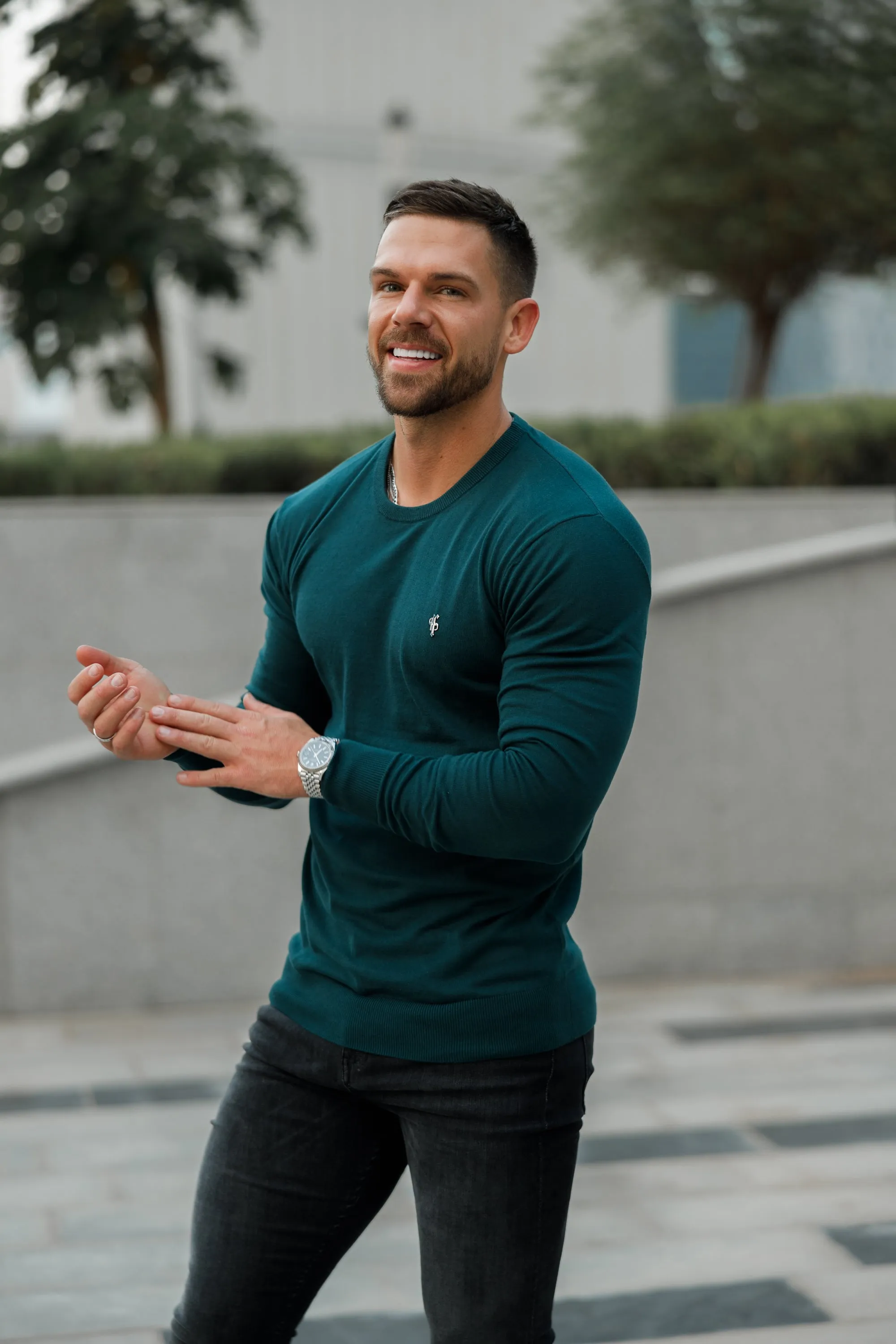 Father Sons Classic Forest Green Light Weight Knitted Crew Neck with Metal Decal - FSN095