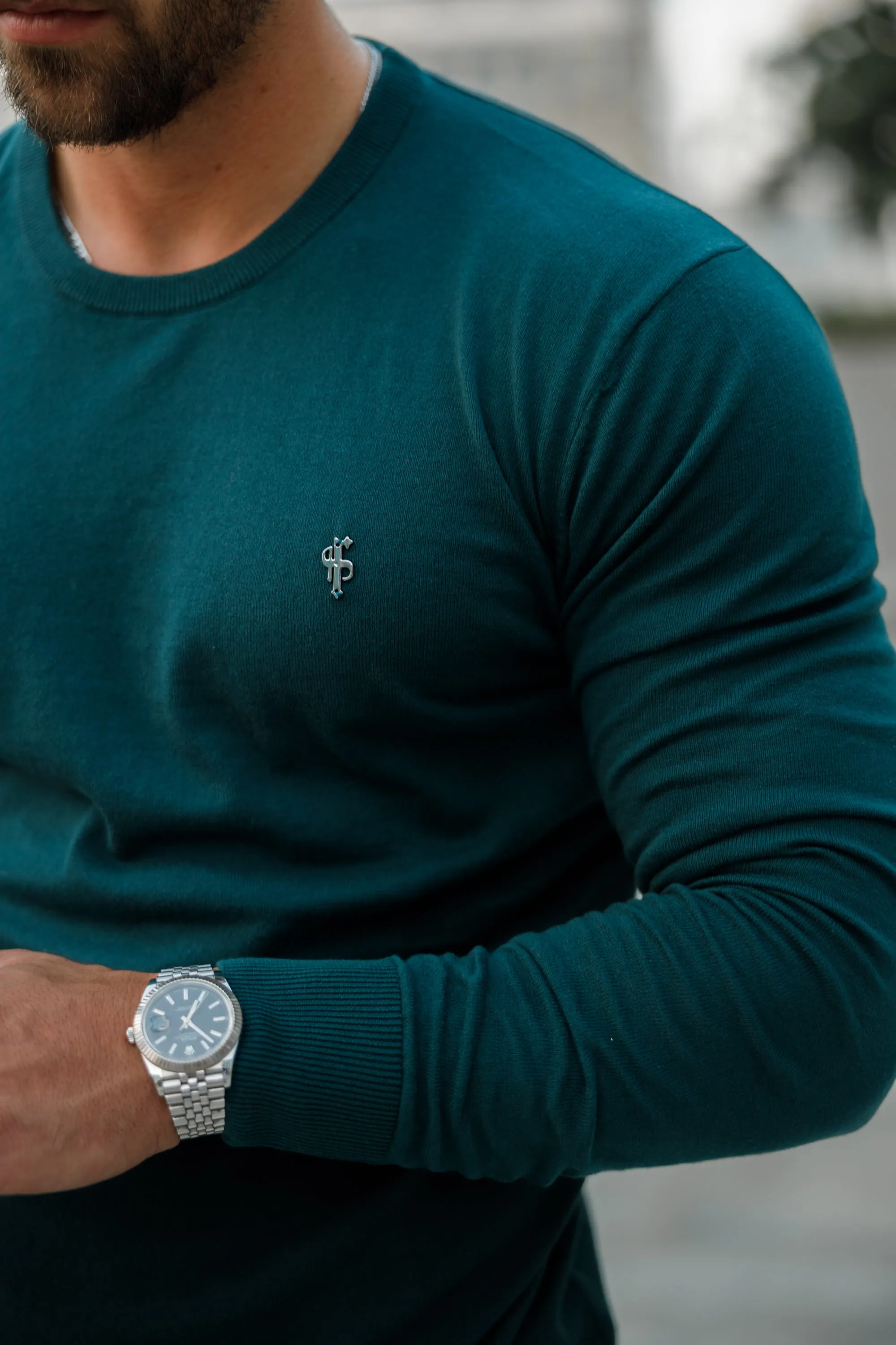 Father Sons Classic Forest Green Light Weight Knitted Crew Neck with Metal Decal - FSN095