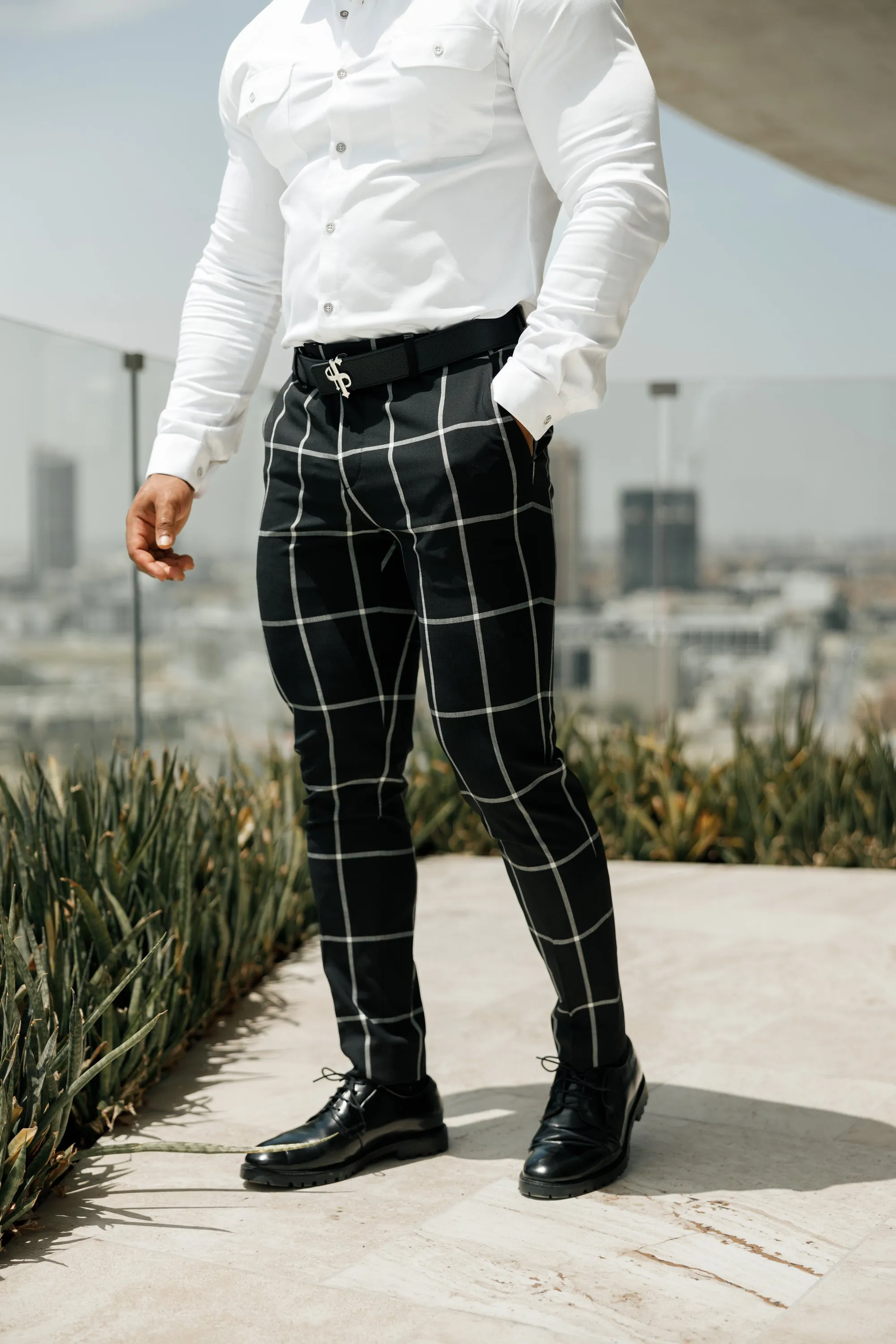 Father Sons Slim Formal Black and Ecru Large Check Stretch Trousers - FST015