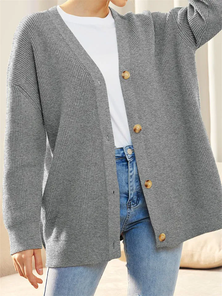 Female Versatile Trendy V-neck Solid Color Knitted Sweater