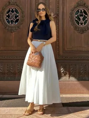 Foridol Women's Elegant White A-Line Pleated Long Skirt 2025