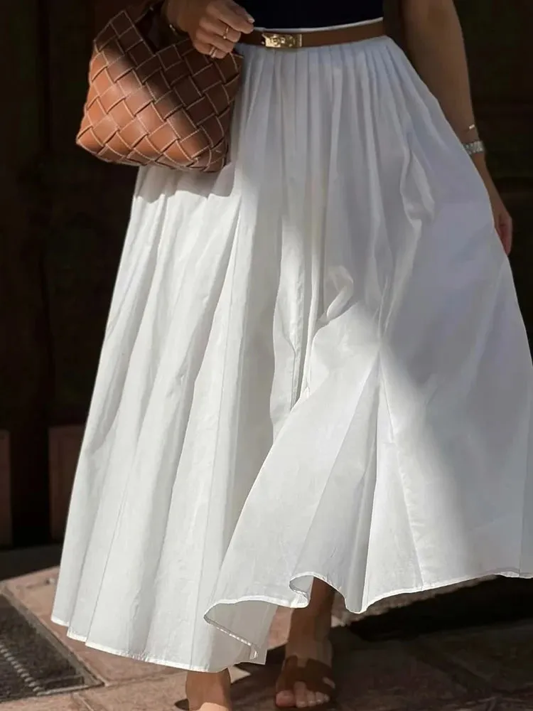 Foridol Women's Elegant White A-Line Pleated Long Skirt 2025