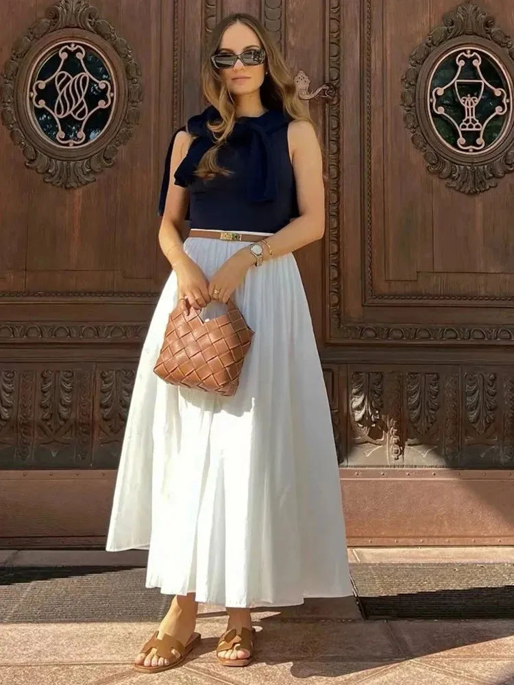 Foridol Women's Elegant White A-Line Pleated Long Skirt 2025