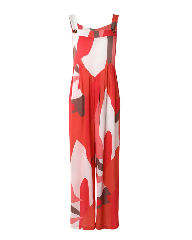 Geo Print Wide Leg Suspender Jumpsuit