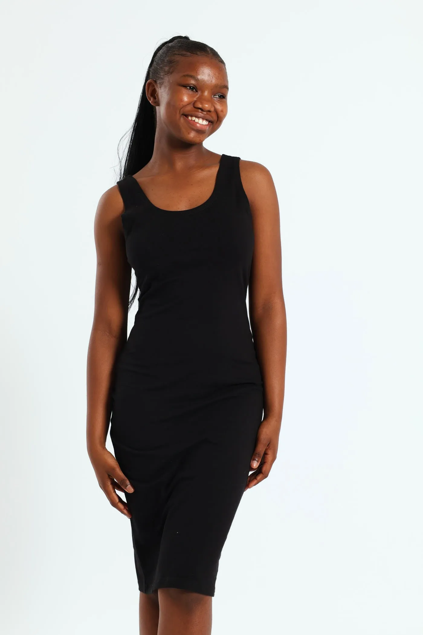 Girls Sleeveless Midi Bodycon Dress - Black