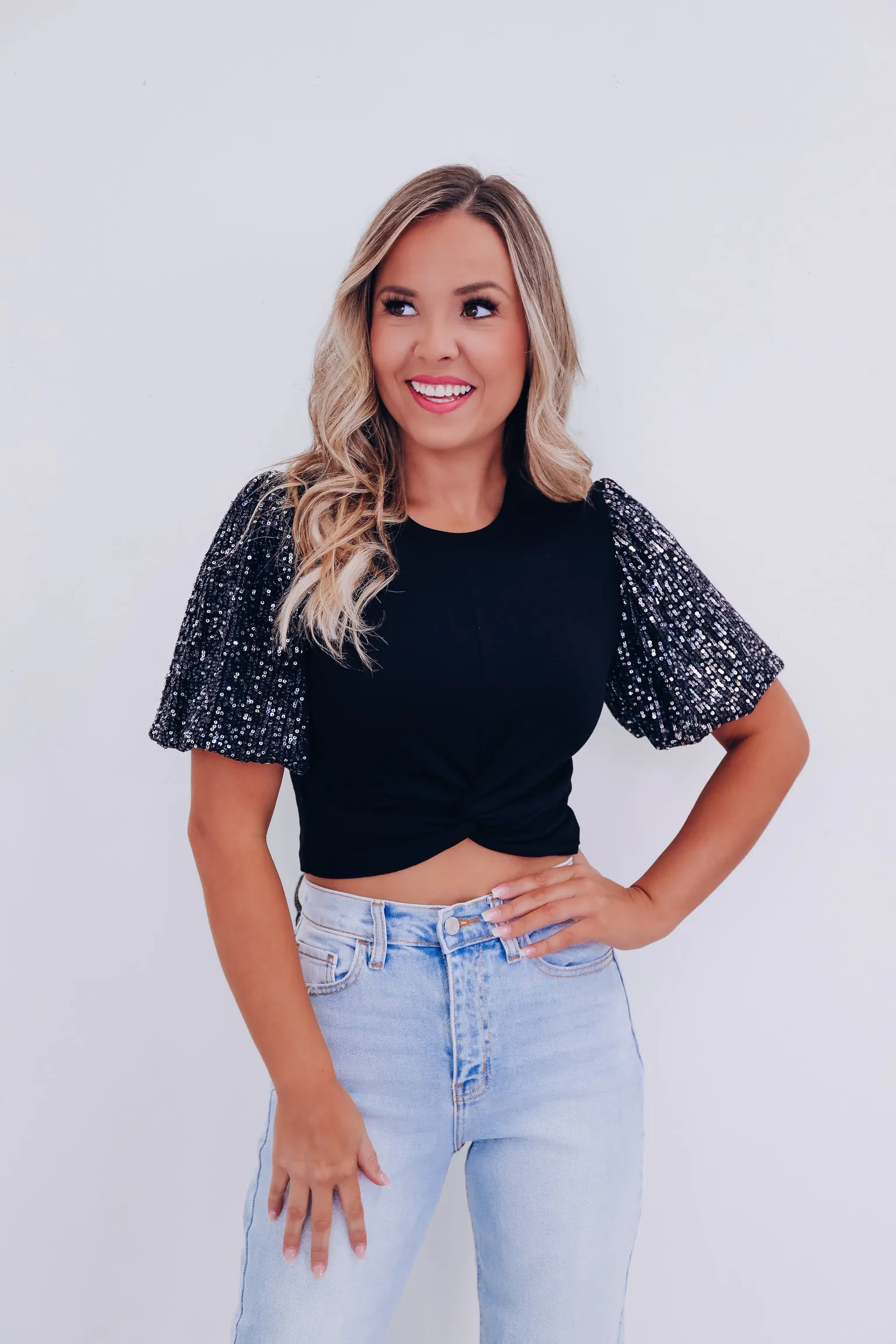 Gracie Sequin Sleeve Crop Top - Black