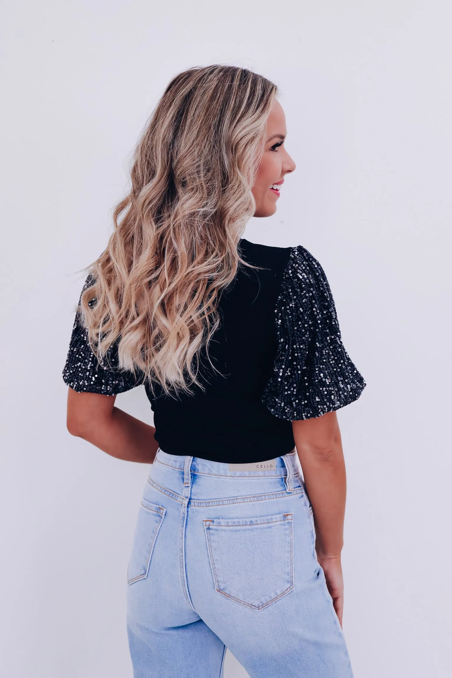 Gracie Sequin Sleeve Crop Top - Black
