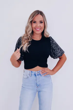 Gracie Sequin Sleeve Crop Top - Black