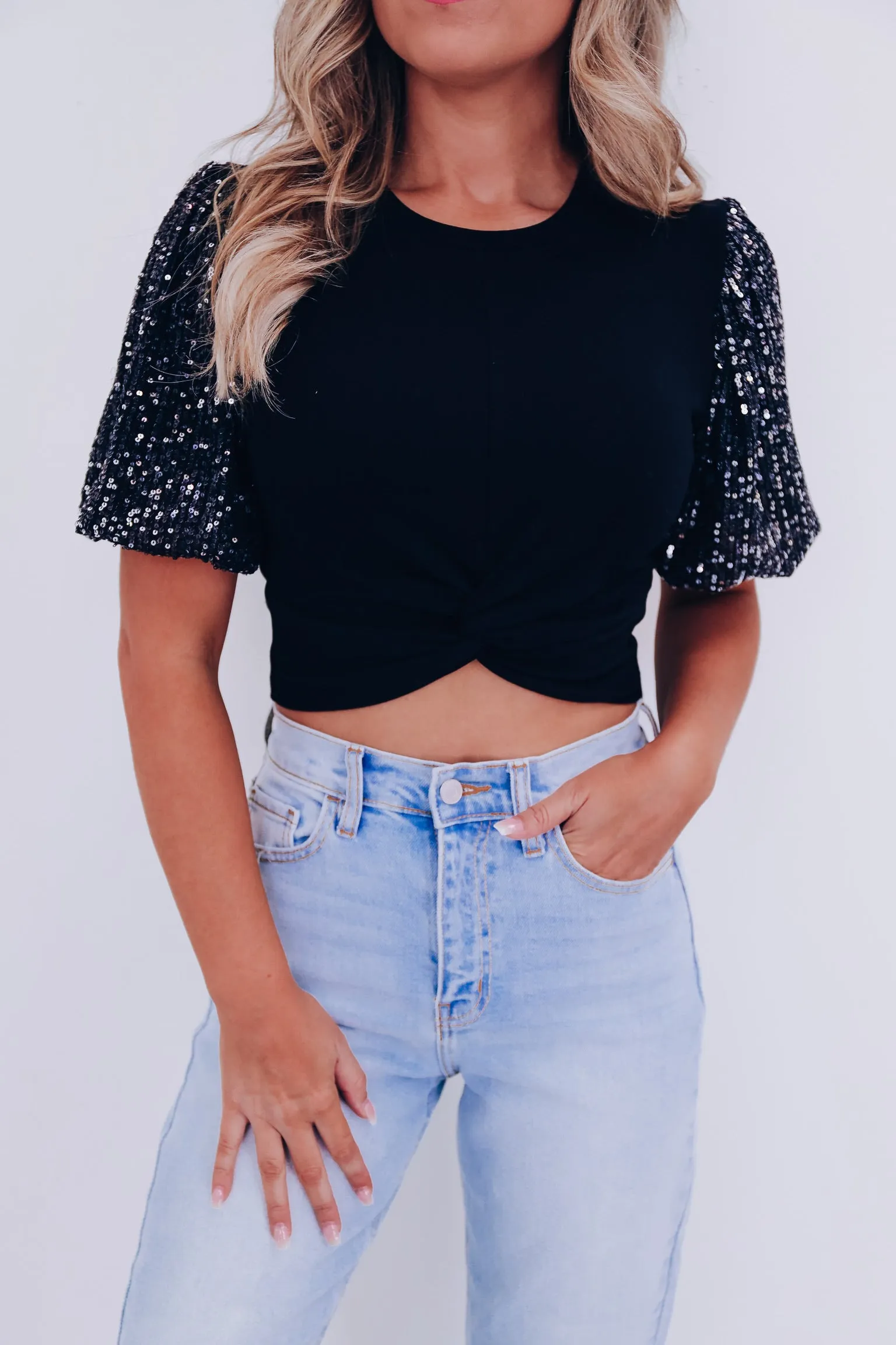 Gracie Sequin Sleeve Crop Top - Black