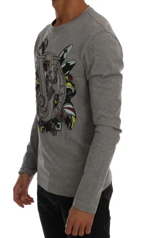 Gray Cotton Crewneck Print Slim Fit Sweater