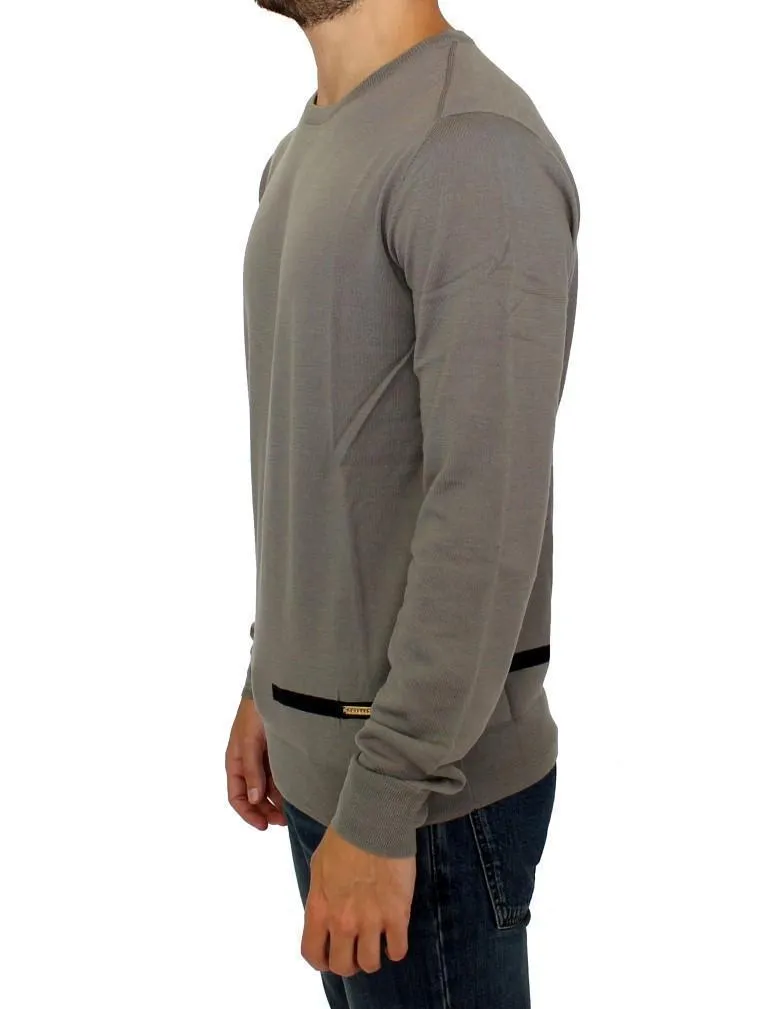 Gray Knitted Wool Crewneck Pullover Sweater