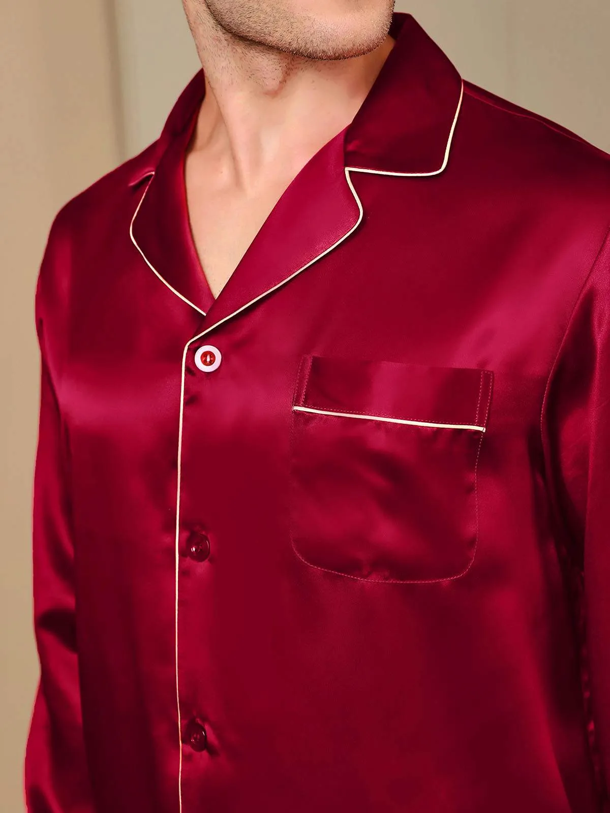 Heren Zijde Pyjama Set Met Revers En Volledige Lengte