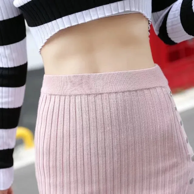 High Waist Button Knit Bodycon Skirt