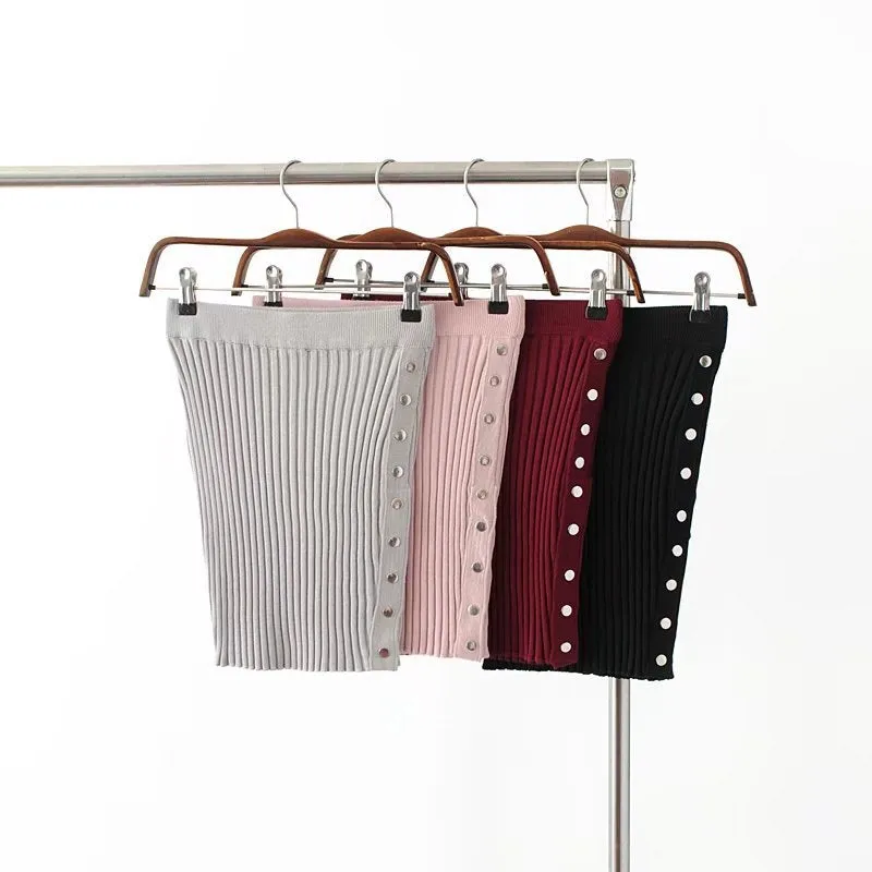 High Waist Button Knit Bodycon Skirt