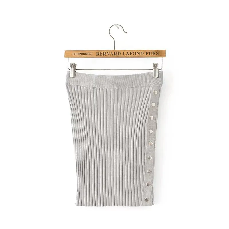 High Waist Button Knit Bodycon Skirt