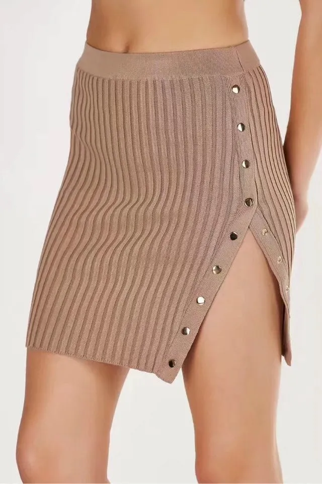 High Waist Button Knit Bodycon Skirt