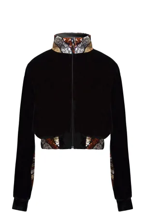 Ilona Rich Black Velvet Bronze Sequin Detail Crop Jacket
