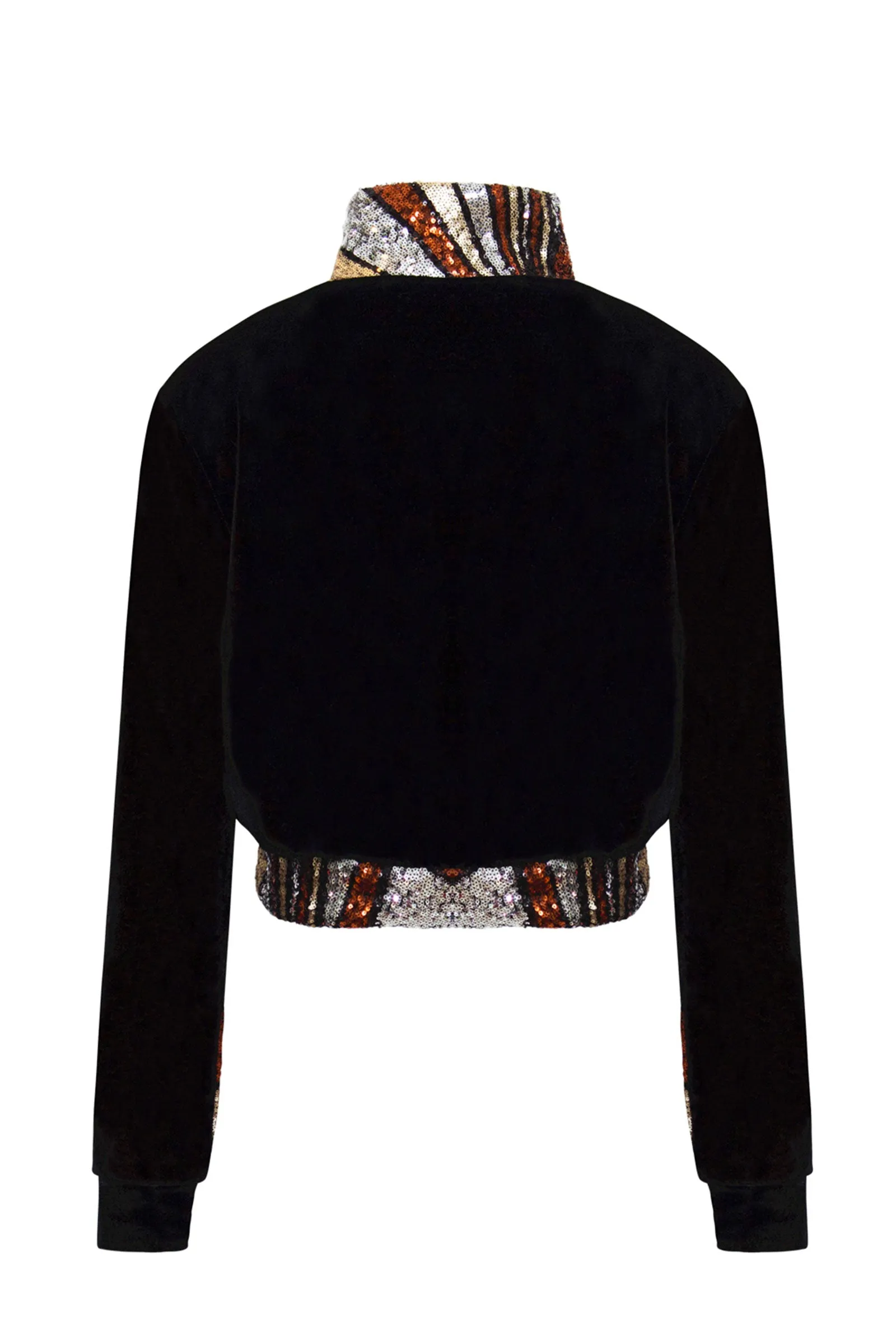 Ilona Rich Black Velvet Bronze Sequin Detail Crop Jacket
