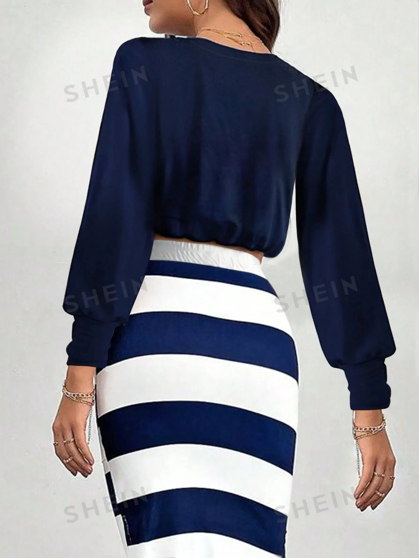 INAWLY Women Anchor Print Crop Top And Striped Bodycon Mini Skirt 2 Piece Sets, Casual Outfit For Autumn