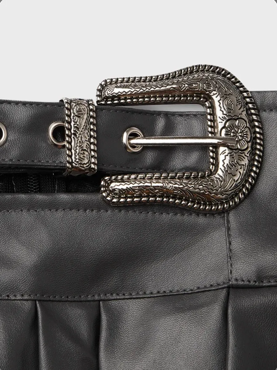 Irregularly Pleated Leather Skirt