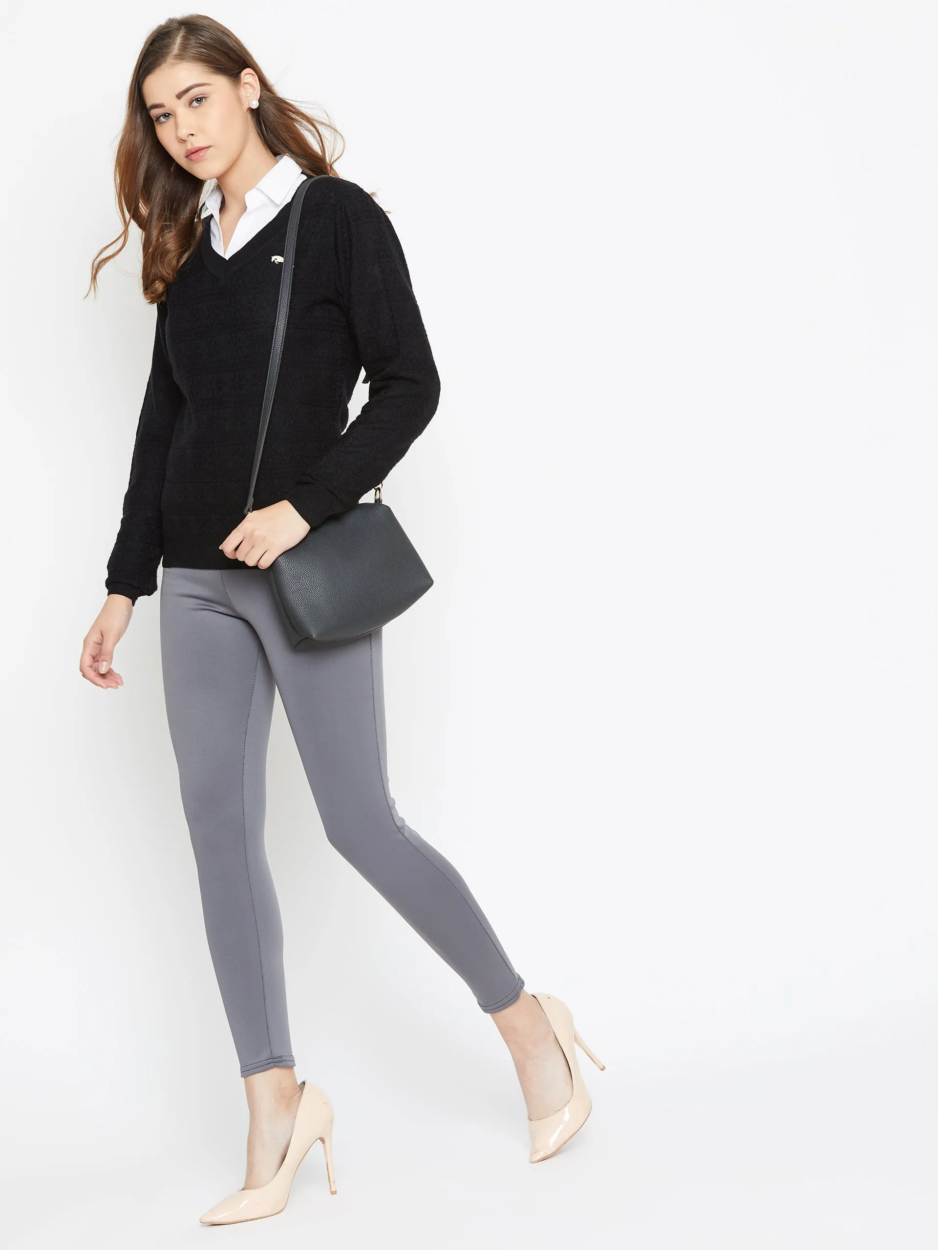 JUMP USA Women Black Self Design Sweater