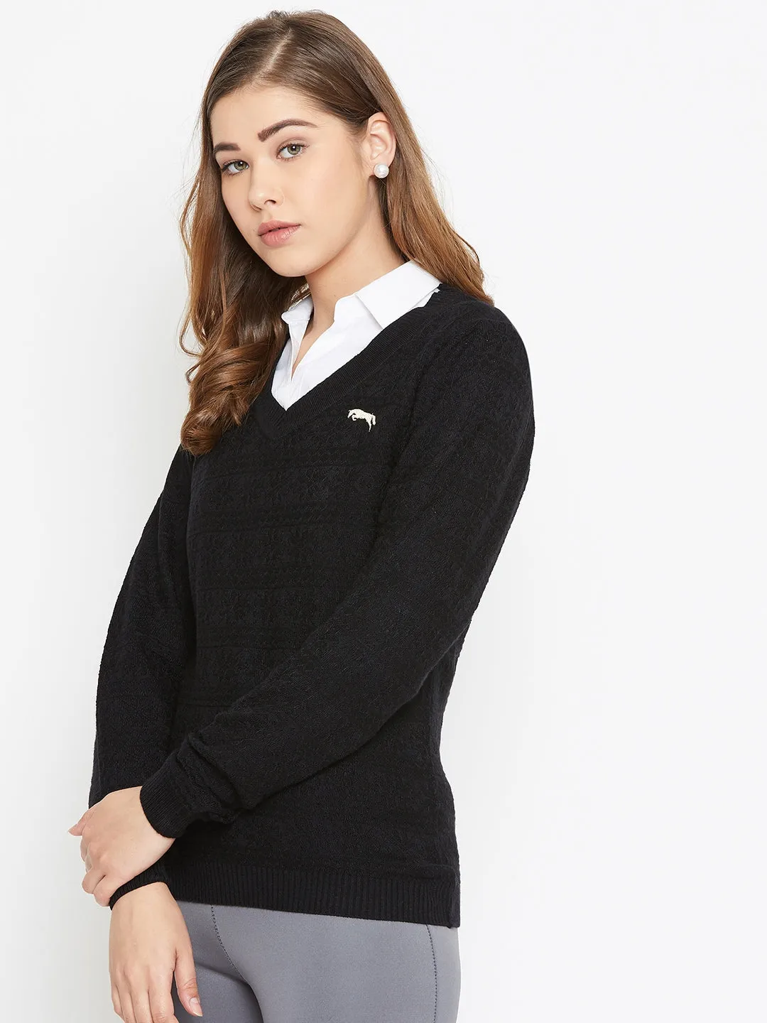 JUMP USA Women Black Self Design Sweater