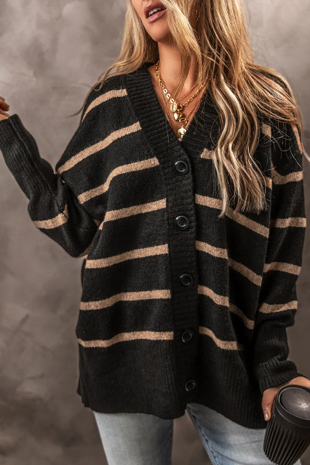 KaleaBoutique Stylish Buttoned V Neck Drop Shoulder Loose Cardigan