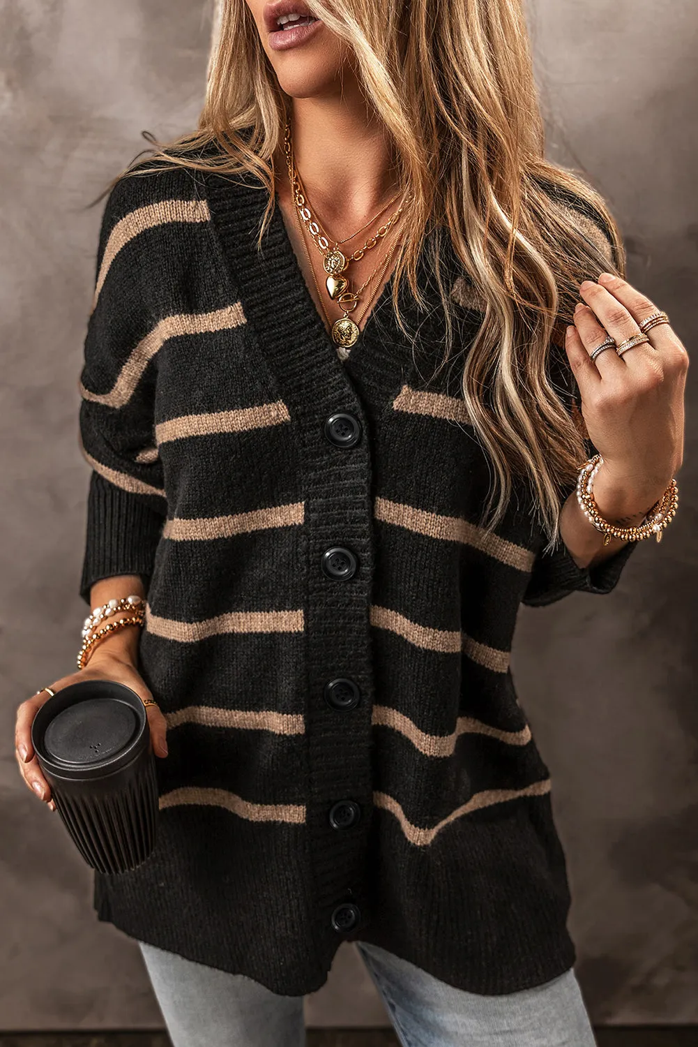 KaleaBoutique Stylish Buttoned V Neck Drop Shoulder Loose Cardigan