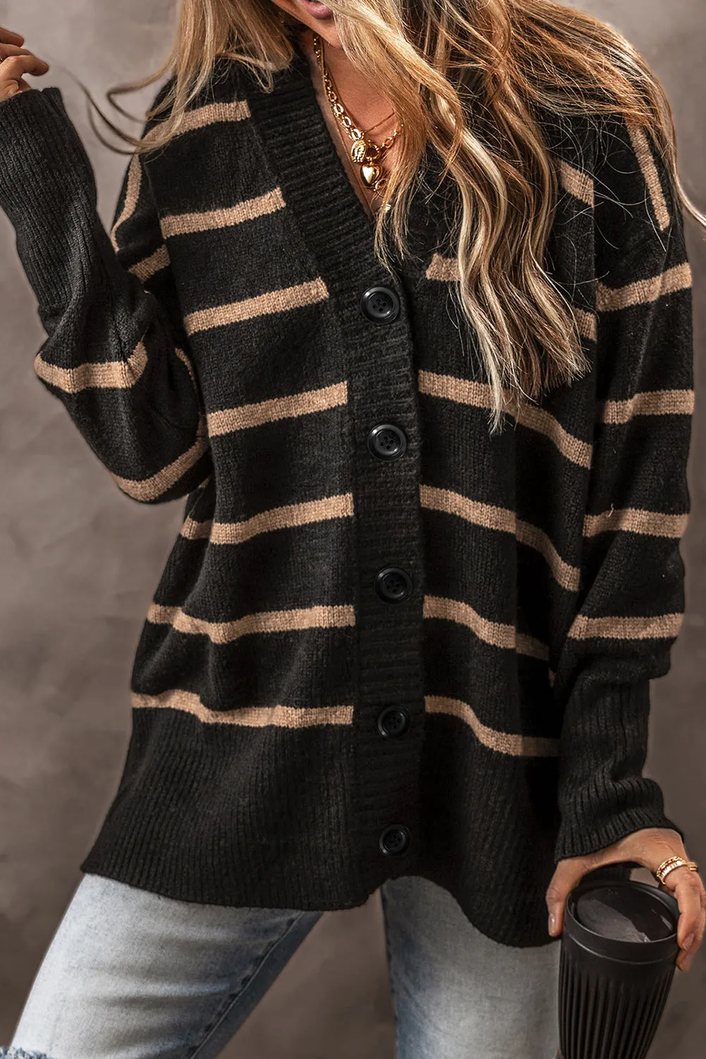 KaleaBoutique Stylish Buttoned V Neck Drop Shoulder Loose Cardigan