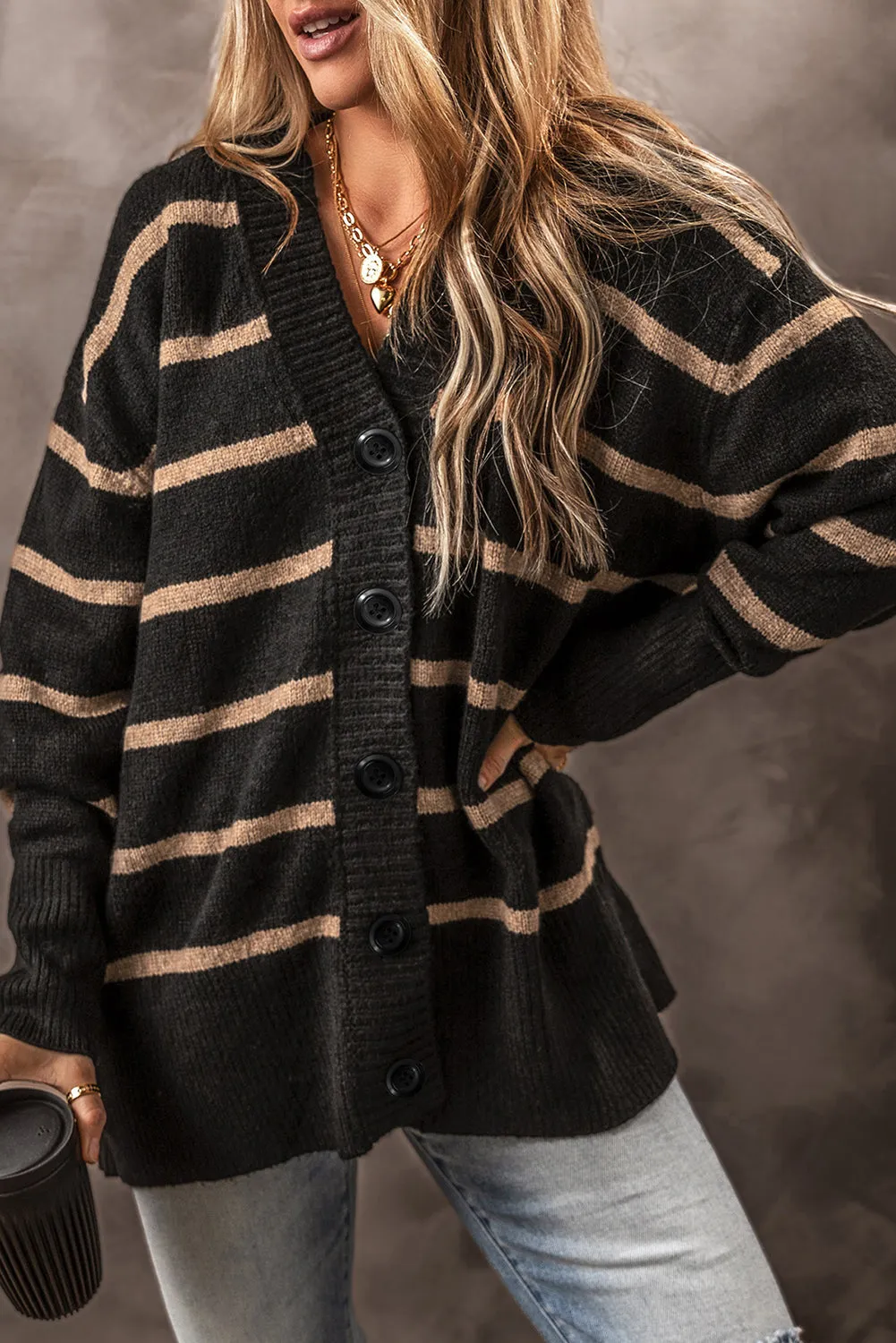 KaleaBoutique Stylish Buttoned V Neck Drop Shoulder Loose Cardigan