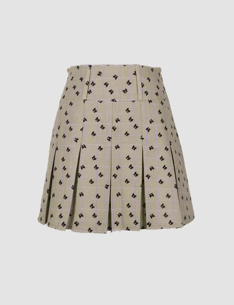 Khaki Plaid Pleated Skirt