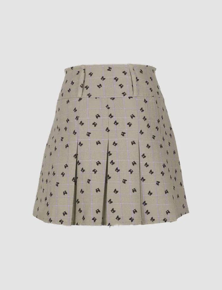 Khaki Plaid Pleated Skirt