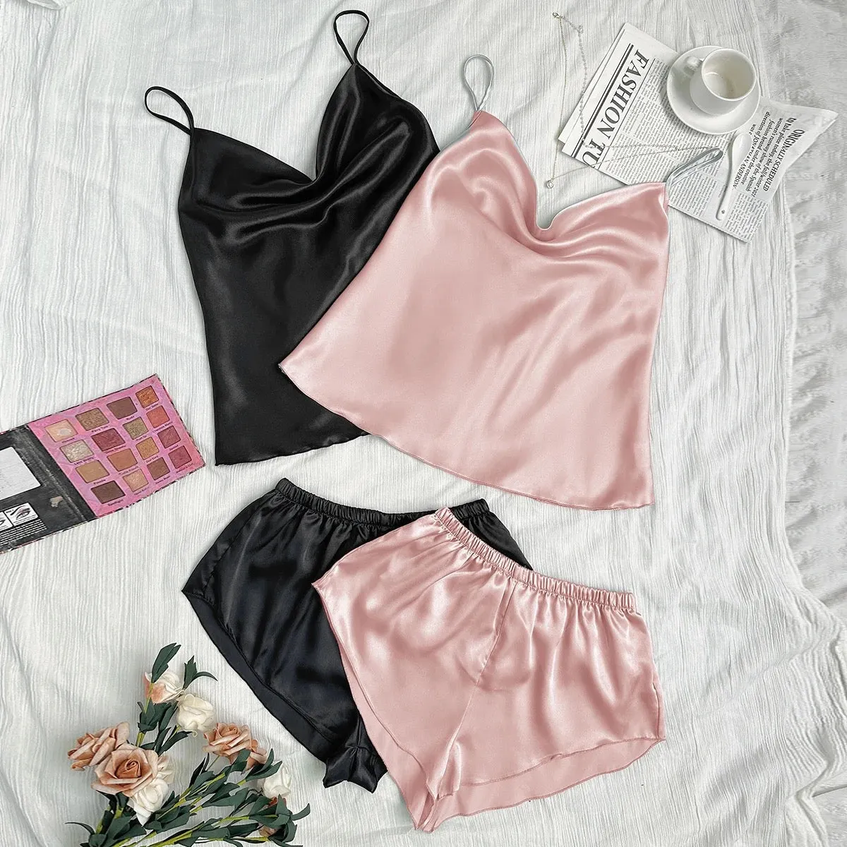 Kira Basic Silk Pajamas Set 2 Piece - Navy & Sage