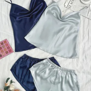 Kira Basic Silk Pajamas Set 2 Piece - Navy & Sage