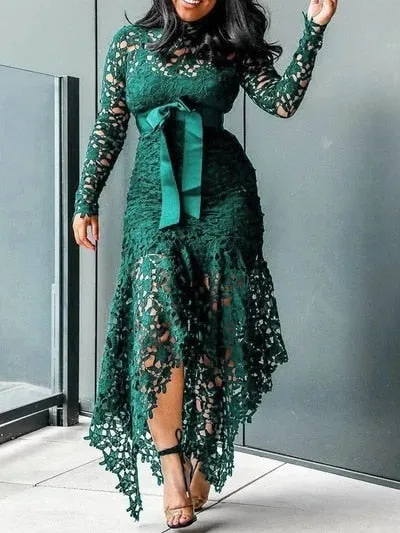 Lace Mesh Perspective Party Fishtail Patchwork Midi Bodycon dress