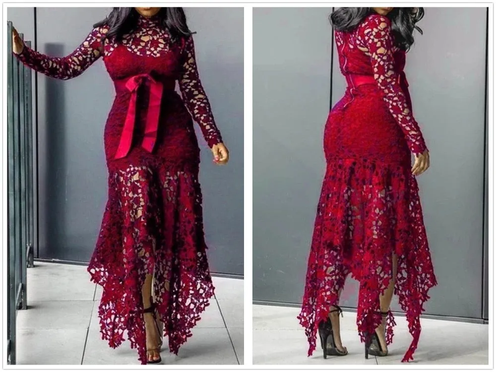 Lace Mesh Perspective Party Fishtail Patchwork Midi Bodycon dress