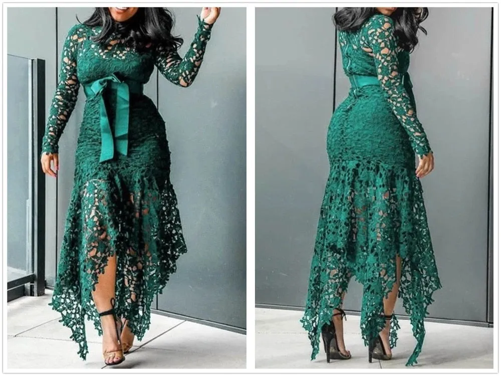 Lace Mesh Perspective Party Fishtail Patchwork Midi Bodycon dress