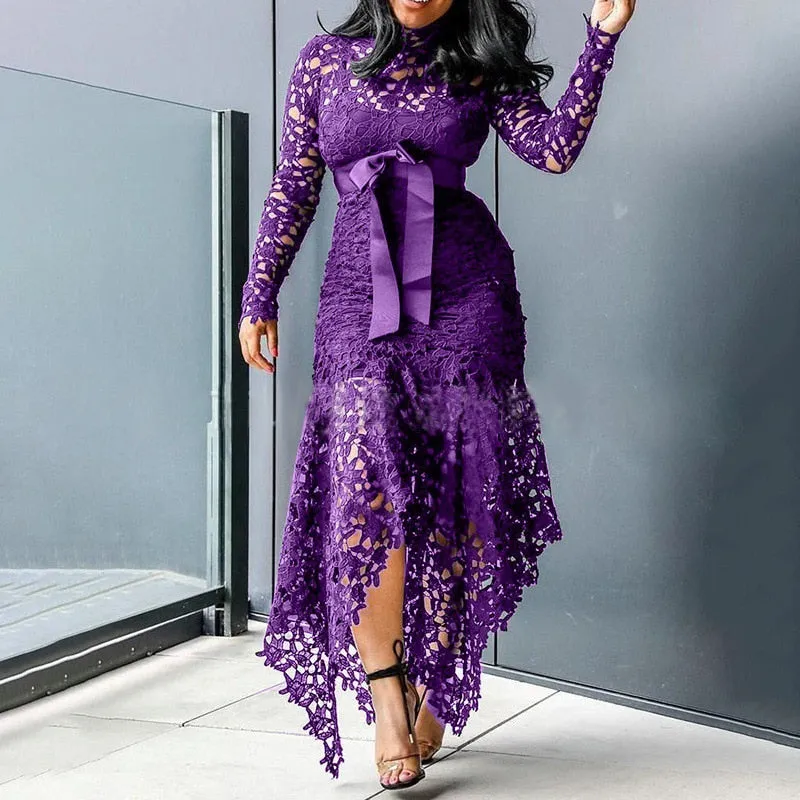 Lace Mesh Perspective Party Fishtail Patchwork Midi Bodycon dress
