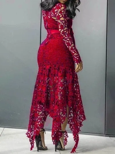 Lace Mesh Perspective Party Fishtail Patchwork Midi Bodycon dress