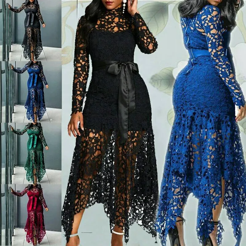 Lace Mesh Perspective Party Fishtail Patchwork Midi Bodycon dress