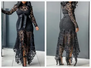 Lace Mesh Perspective Party Fishtail Patchwork Midi Bodycon dress