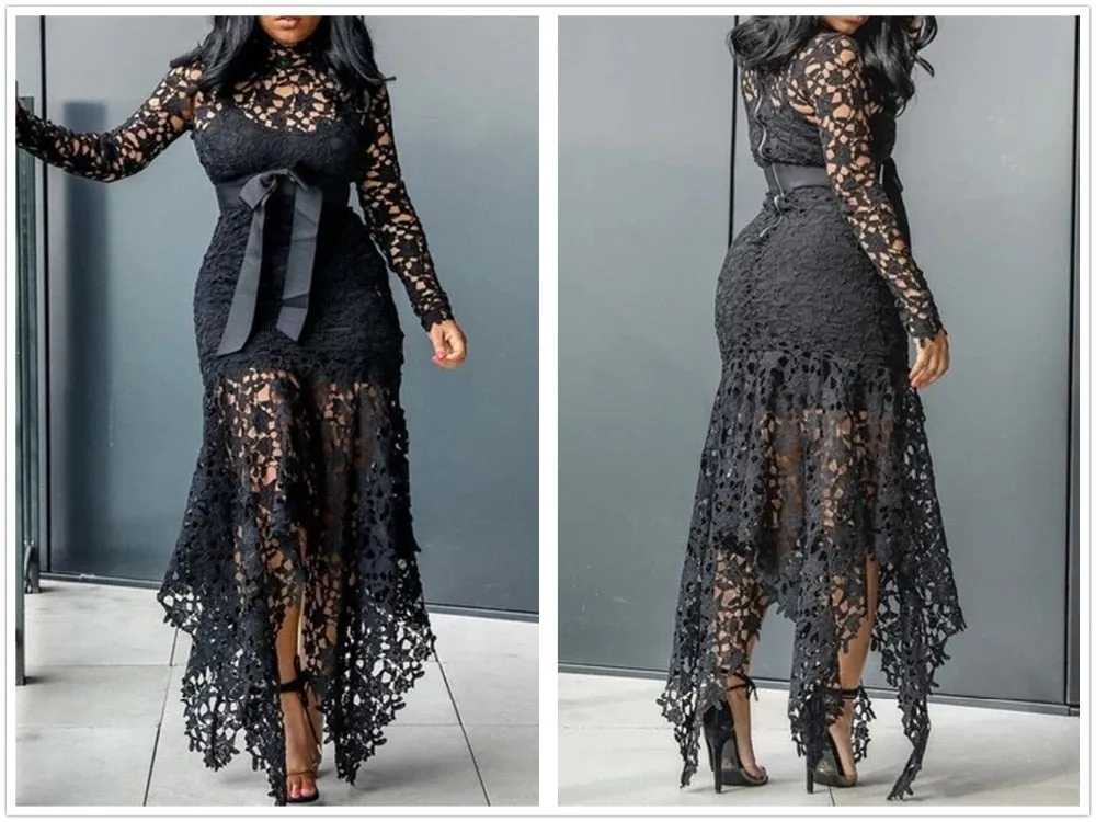 Lace Mesh Perspective Party Fishtail Patchwork Midi Bodycon dress