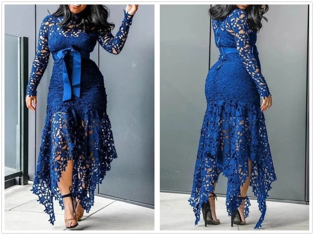 Lace Mesh Perspective Party Fishtail Patchwork Midi Bodycon dress