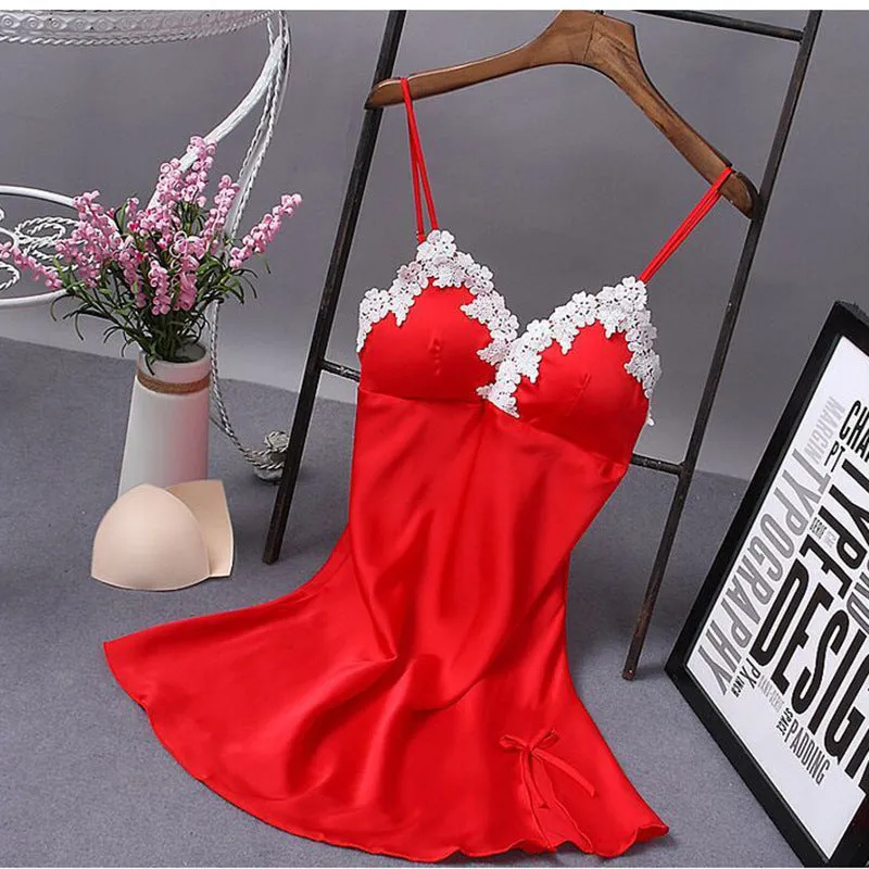 Lace Silk Suspender Nightdress Pajamas Home Service With Chest Pad