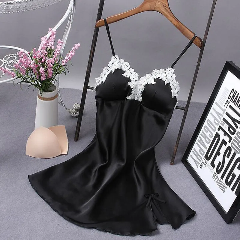 Lace Silk Suspender Nightdress Pajamas Home Service With Chest Pad