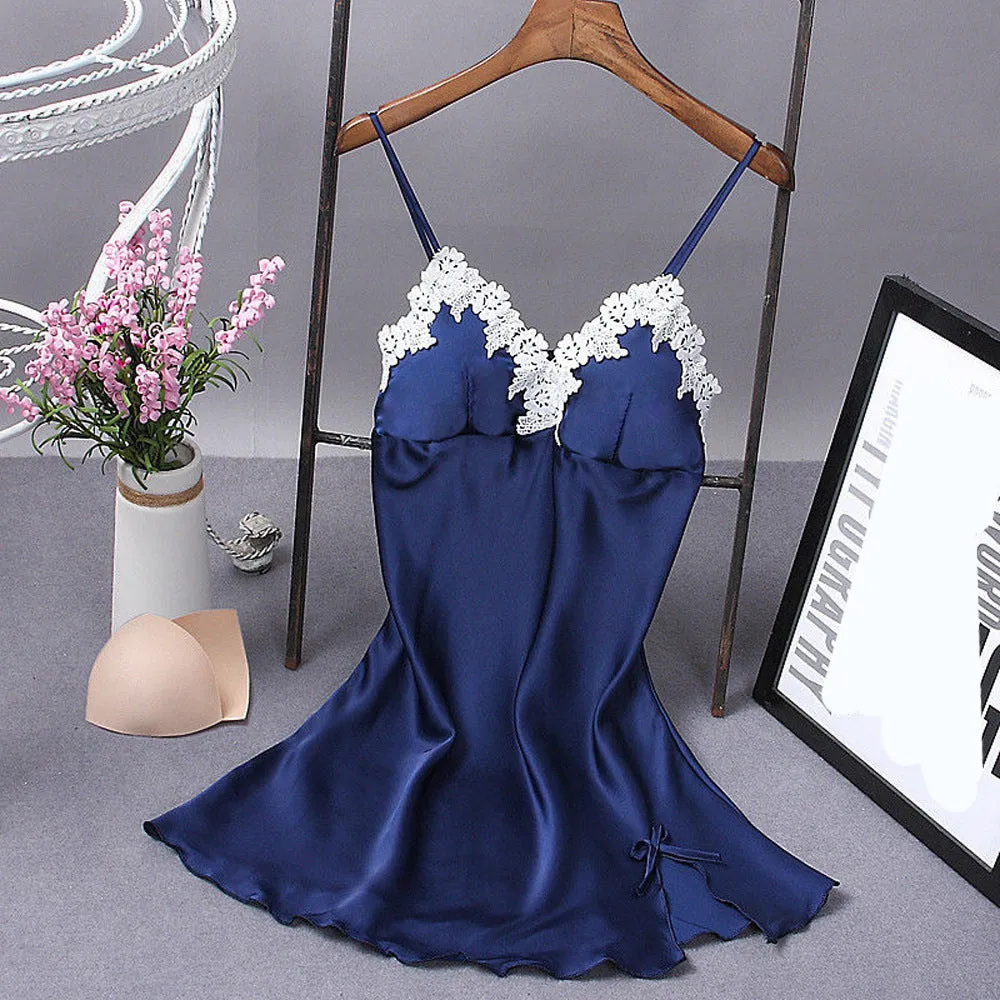 Lace Silk Suspender Nightdress Pajamas Home Service With Chest Pad