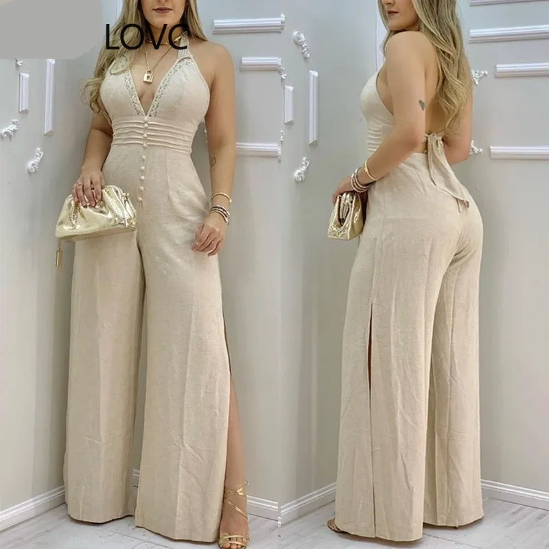Lace Trim Buttoned Backless Slit Jumpsuit