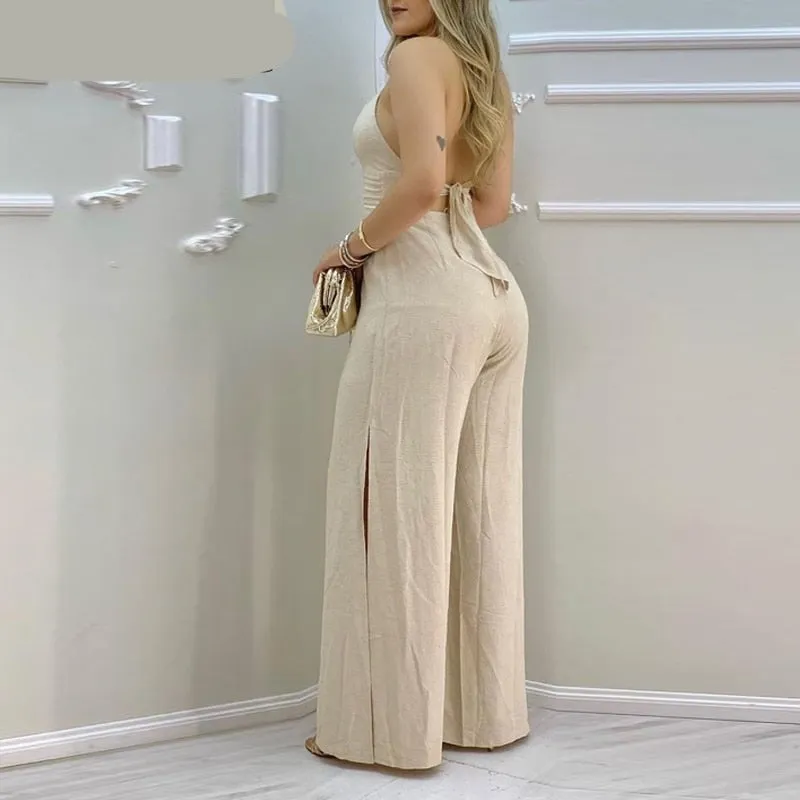 Lace Trim Buttoned Backless Slit Jumpsuit